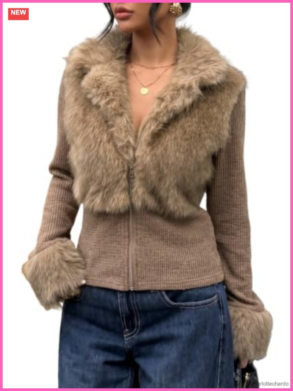 Faux Fur Trim Zip Up Knit Jacket Slim Fit Winter Outerwear